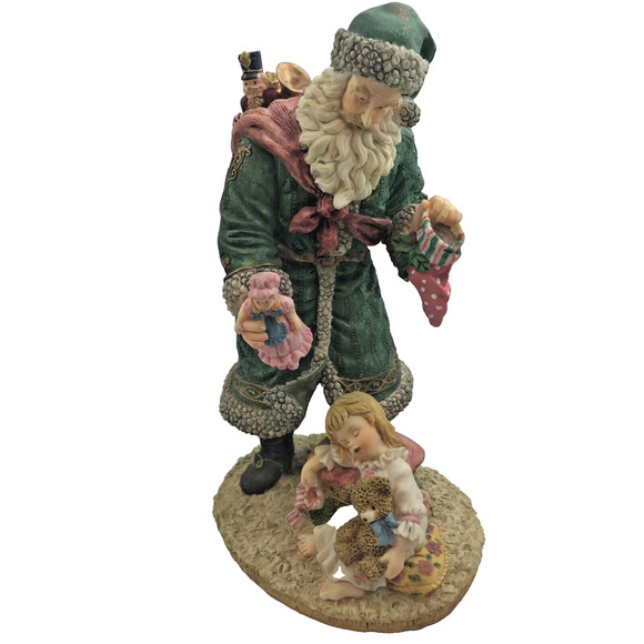 Green Resin Santa with Gifts and Sleeping Little Girl Doll 11" - RARE - Picture 1 of 7